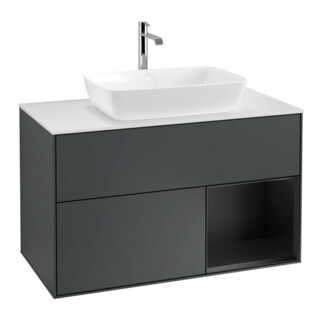 V&B Meuble sous lavabo Finion 100, blanc mat, rangement bleu mat laqué