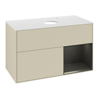 V&B Meuble sous lavabo Finion 100, blanc mat, rangement bleu mat laqué, gris mat laqué