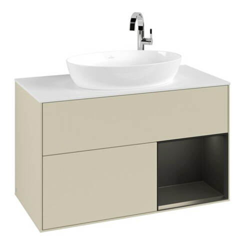 V&B Meuble sous lavabo Finion 100, blanc mat, rangement bleu mat laqué, gris mat laqué