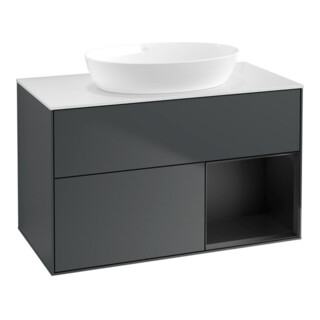 V&B Meuble sous lavabo Finion 100, blanc mat, rangement bleu mat laqué, médium bleu mat laqué
