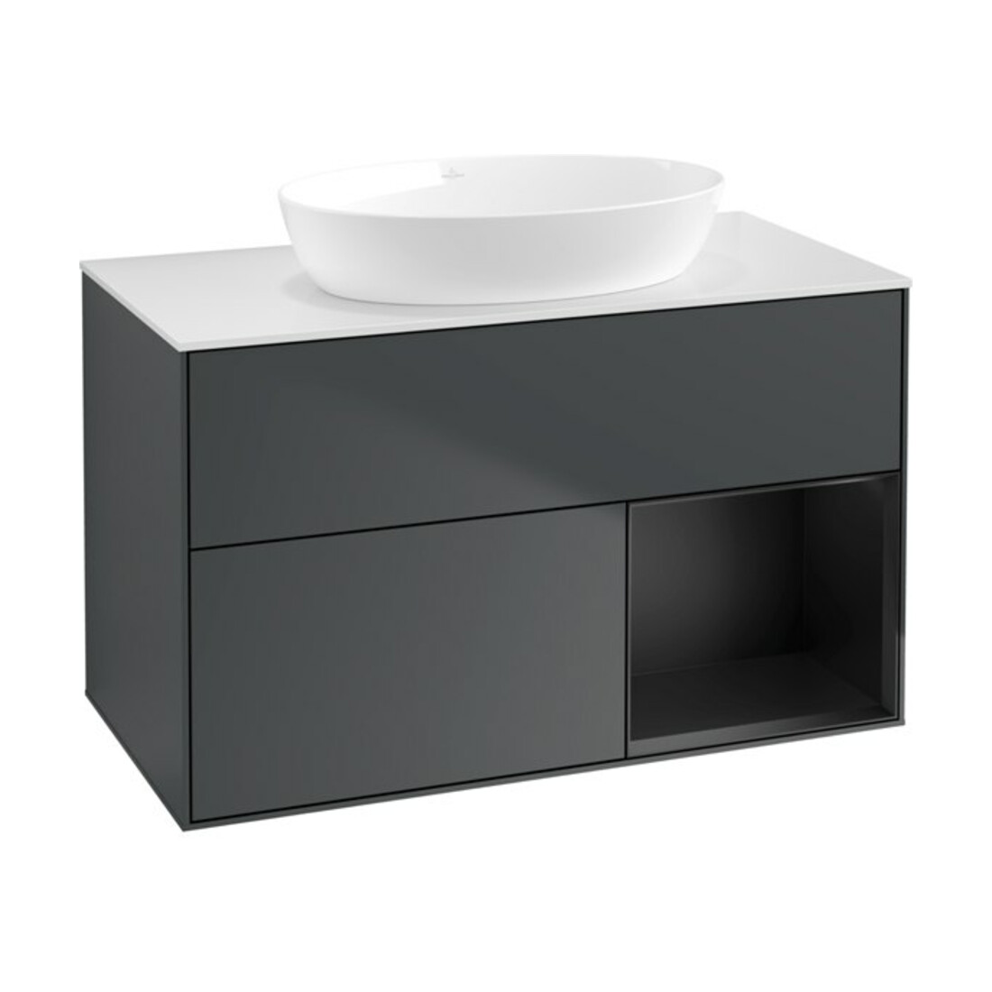 V&B Meuble sous lavabo Finion 100, blanc mat, rangement bleu mat laqué, médium bleu mat laqué