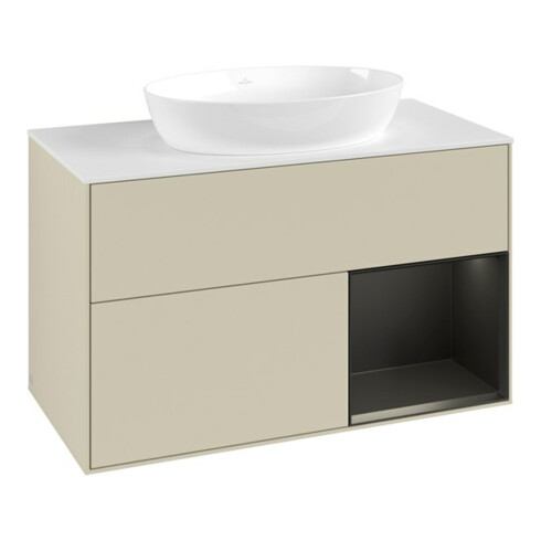 V&B Meuble sous lavabo Finion 100, blanc mat, rangement bleu mat laqué, poignées gris mat laqué