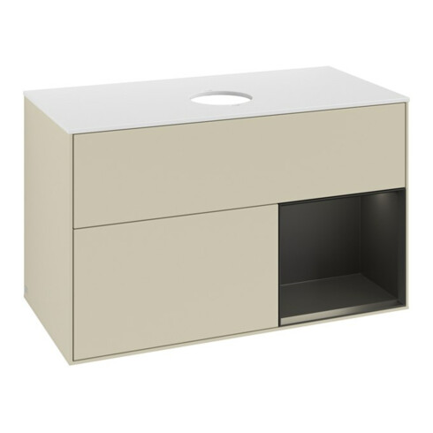 V&B Meuble sous lavabo Finion 100, blanc mat, rangement bleu mat laqué, poignées gris mat laqué