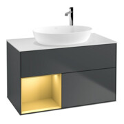 V&B Meuble sous lavabo Finion 100, blanc mat, rangement doré mat laqué, bleu moyen laqué
