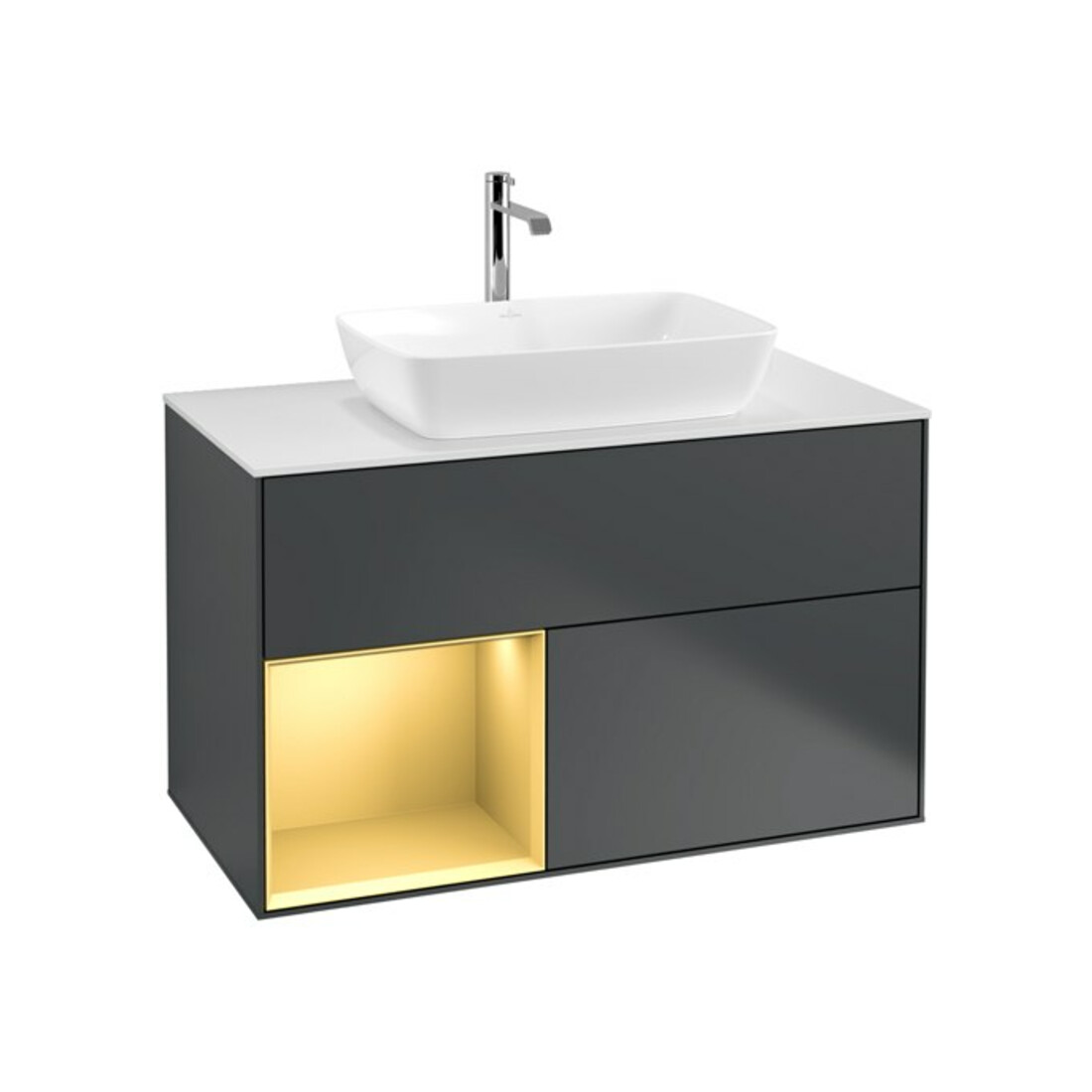 V&B Meuble sous lavabo Finion 100, blanc mat, rangement doré mat laqué, bleu moyen laqué