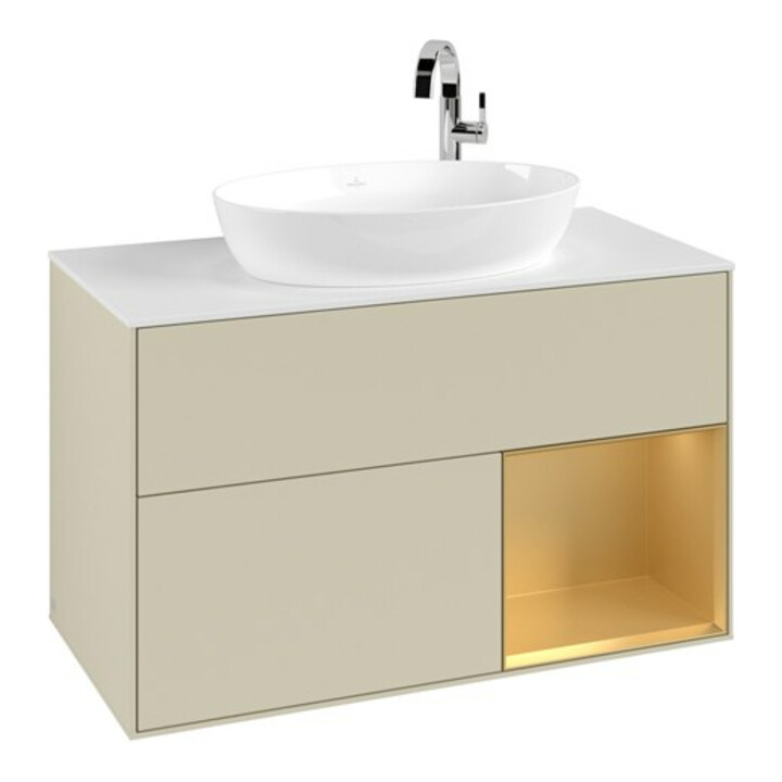 V&B Meuble sous-lavabo Finion 100, blanc mat, rangement doré mat laqué, gris argent mat laqué