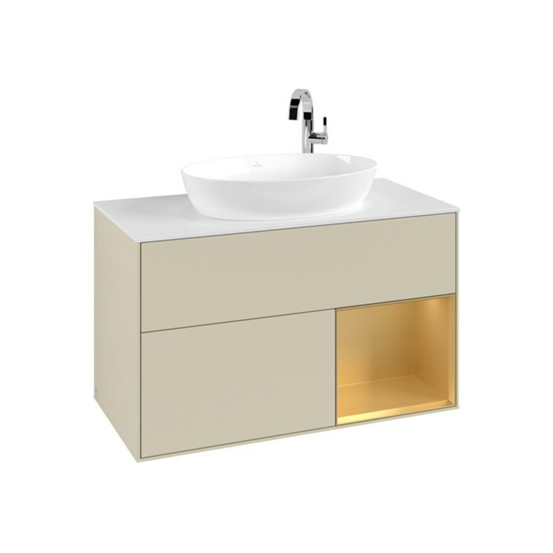 V&B Meuble sous-lavabo Finion 100, blanc mat, rangement doré mat laqué, gris argent mat laqué