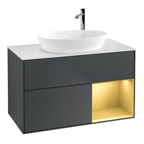 V&B Meuble sous lavabo Finion 100, blanc mat, rangement doré mat laqué, médian bleu mat laqué