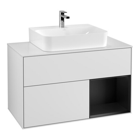 V&B Meuble sous lavabo Finion 100, blanc mat, rangement droit, bleu mat laqué, blanc mat laqué