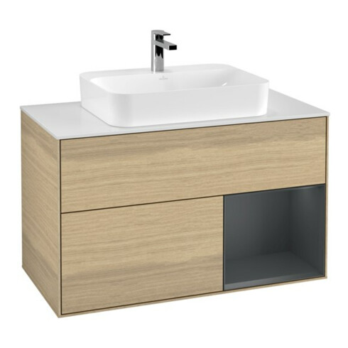 V&B Meuble sous lavabo Finion 100, blanc mat, rangement droit moyen, avec laque, chêne naturel