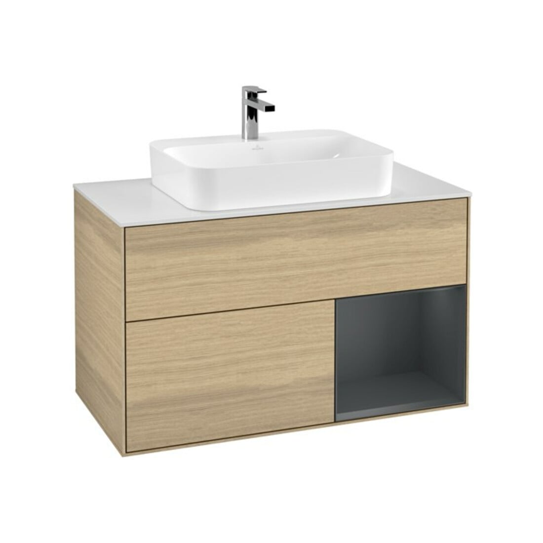 V&B Meuble sous lavabo Finion 100, blanc mat, rangement droit moyen, avec laque, chêne naturel