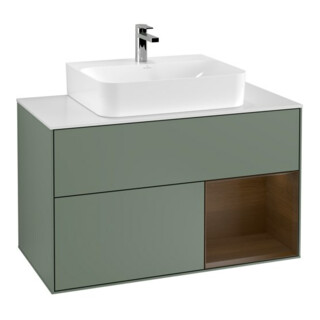 V&B Meuble sous lavabo Finion 100, blanc mat, rangement droit, olivier mat laqué
