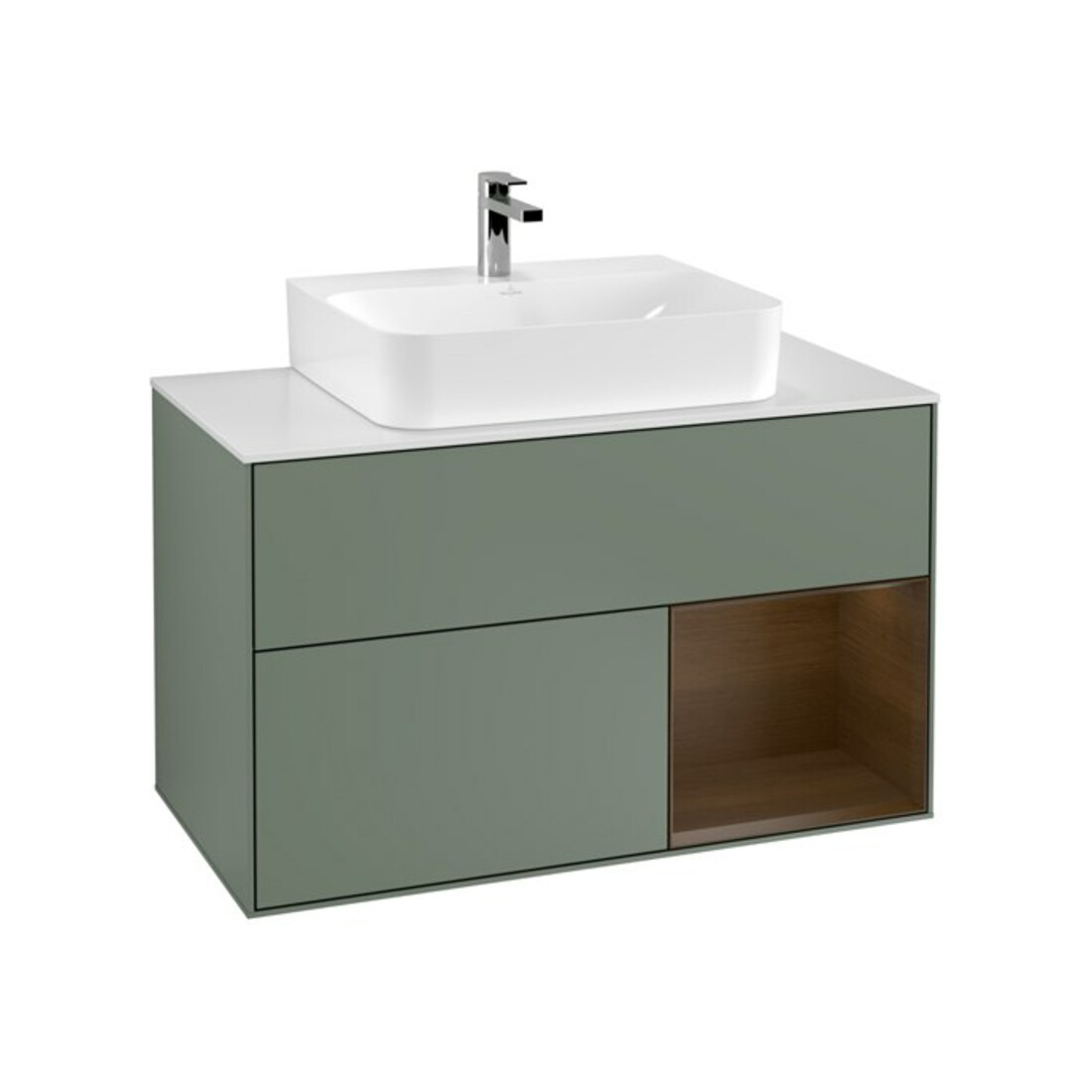 V&B Meuble sous lavabo Finion 100, blanc mat, rangement droit, olivier mat laqué