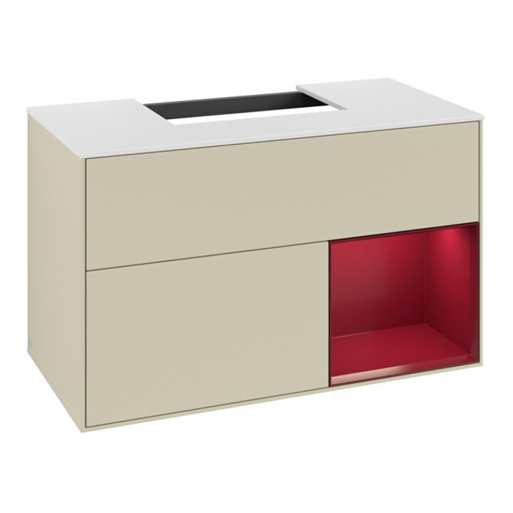 V&B Meuble sous lavabo Finion 100, blanc mat, rangement droit, poignée argent mat laqué