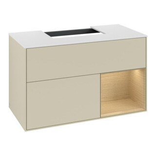 V&B Meuble sous lavabo Finion 100, blanc mat, rangement droit, poignée argent mat laqué
