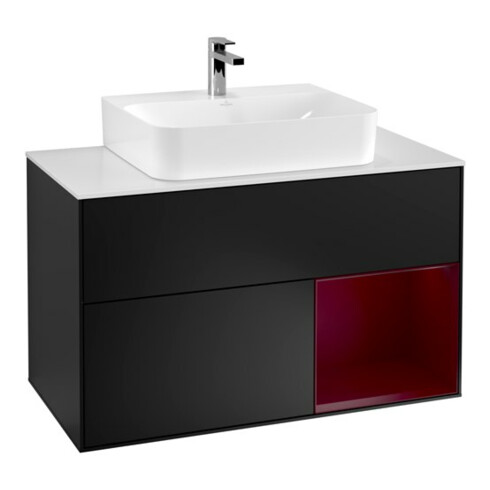 V&B Meuble sous-lavabo Finion 100, blanc mat, rangement droit, poignée bleue mat