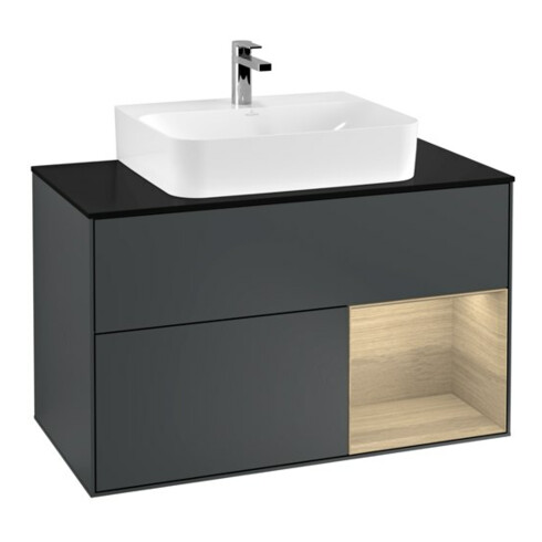 V&B Meuble sous-lavabo Finion 100, blanc mat, rangement droit, poignée métal laqué