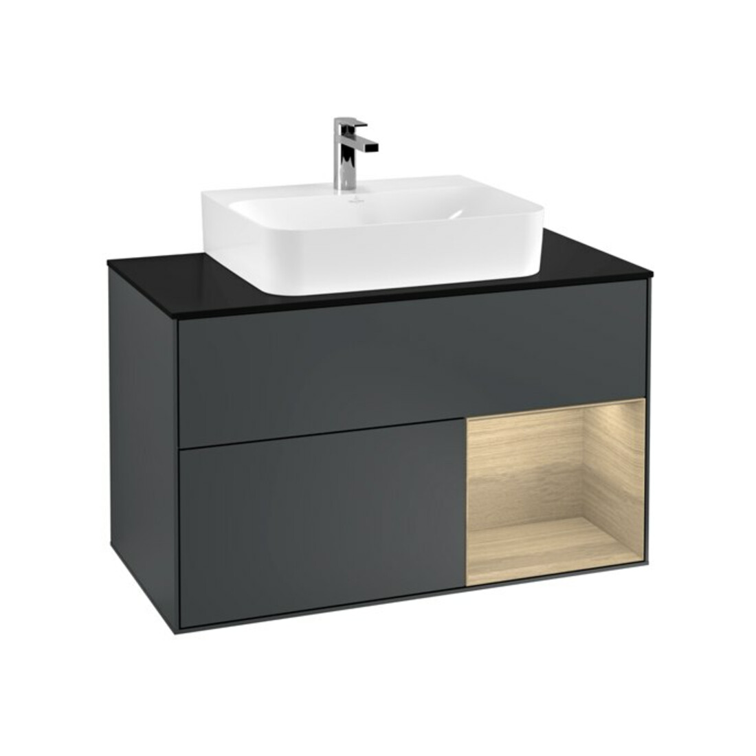 V&B Meuble sous-lavabo Finion 100, blanc mat, rangement droit, poignée métal laqué