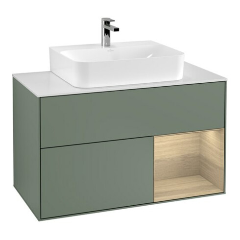 V&B Meuble sous lavabo Finion 100, blanc mat, rangement droit, poignée olivier mat laqué