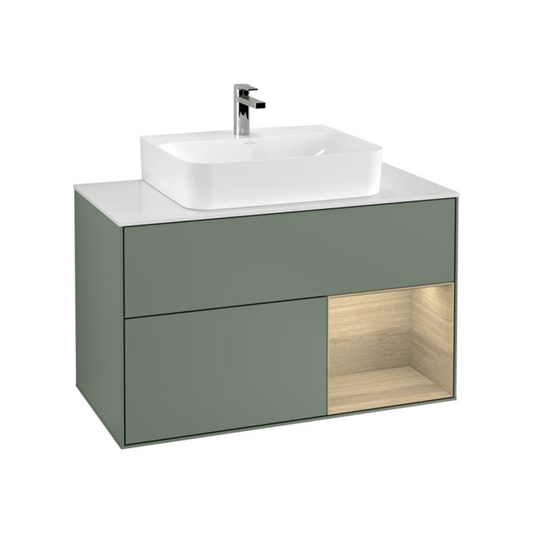 V&B Meuble sous lavabo Finion 100, blanc mat, rangement droit, poignée olivier mat laqué