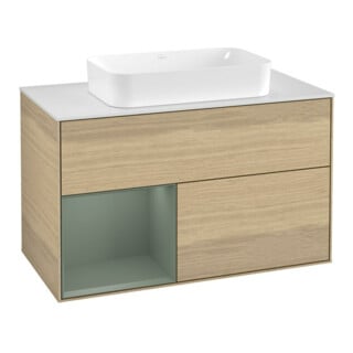V&B Meuble sous lavabo Finion 100, blanc mat, rangement gauche, huile mat, ouverture ventouse