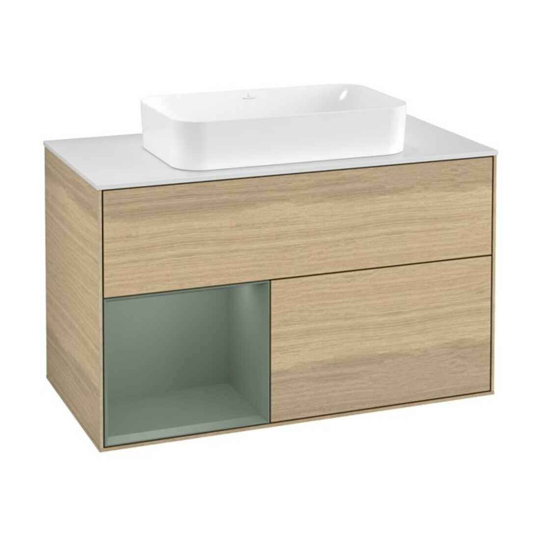 V&B Meuble sous lavabo Finion 100, blanc mat, rangement gauche, huile mat, ouverture ventouse