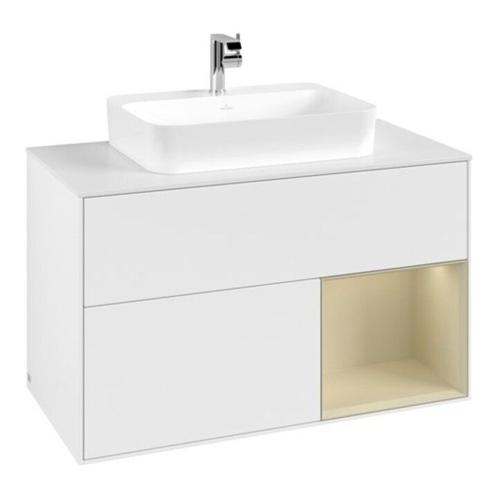 V&B Meuble sous lavabo Finion 100, blanc mat, rangement gris mat laqué, blanc mat laqué