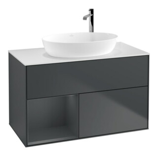 V&B Meuble sous-lavabo Finion 100, blanc mat, rangement médium mat laqué, médium bleu mat laqué