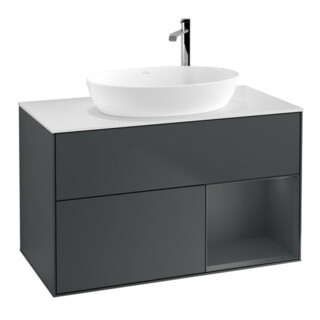 V&B Meuble sous lavabo Finion 100, blanc mat, rangement médium mat laqué, médium bleu mat laqué