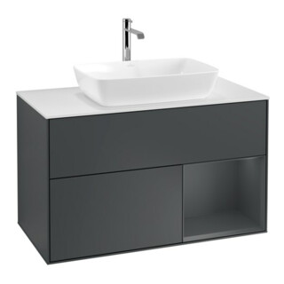V&B Meuble sous-lavabo Finion 100, blanc mat, rangement moyen mat laqué, moyen bleu mat laqué