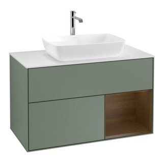 V&B Meuble sous lavabo Finion 100, blanc mat, rangement noyer verni, poignée métal laqué
