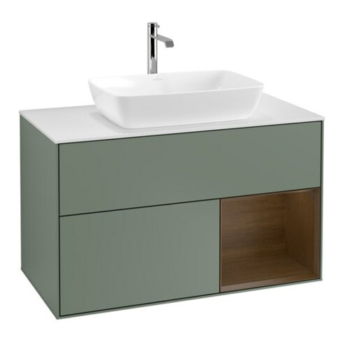 V&B Meuble sous lavabo Finion 100, blanc mat, rangement noyer verni, poignée métal laqué