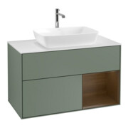 V&B Meuble sous lavabo Finion 100, blanc mat, rangement noyer verni, poignée métal laqué