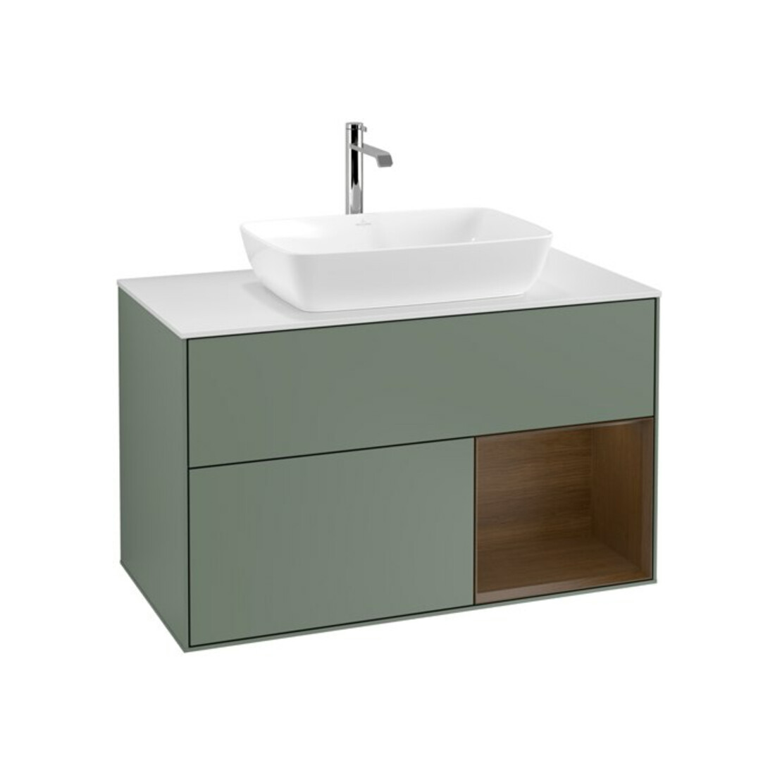 V&B Meuble sous lavabo Finion 100, blanc mat, rangement noyer verni, poignée métal laqué