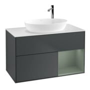 V&B Meuble sous lavabo Finion 100, blanc mat, rangement olivier mat laqué, avec bleu mat laqué