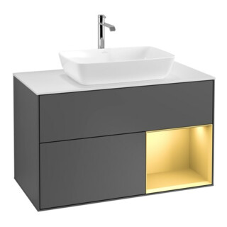 V&B Meuble sous lavabo Finion 100, blanc mat, rangement or mat, anthracite mat