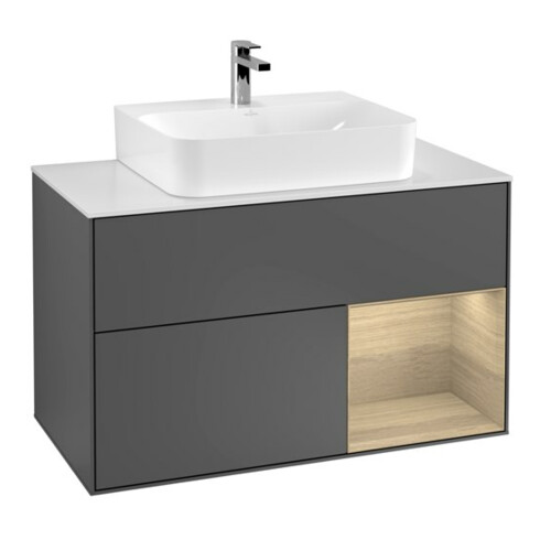 V&B Meuble sous lavabo Finion 100, blanc mat, rangement ouvert, anthracite mat