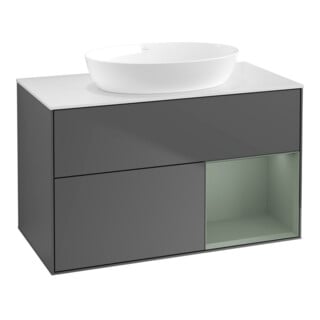V&B Meuble sous lavabo Finion 100, blanc mat, rangement ouvert, laqué, anthracite mat