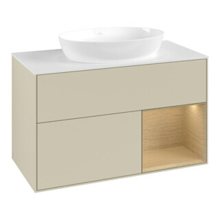 V&B Meuble sous lavabo Finion 100, blanc mat, rangement ouvert, poignée argent mat laqué