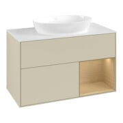V&B Meuble sous lavabo Finion 100, blanc mat, rangement ouvert, poignée argent mat laqué