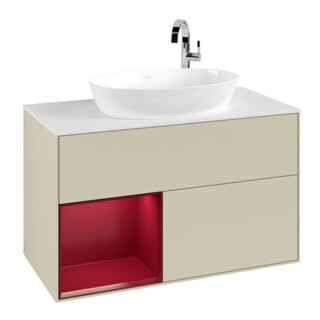 V&B Meuble sous lavabo Finion 100, blanc mat, rangement Peo mat laqué, gris argent mat laqué