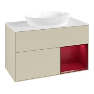 V&B Meuble sous lavabo Finion 100, blanc mat, rangement Peo mat laqué, gris brillant laqué