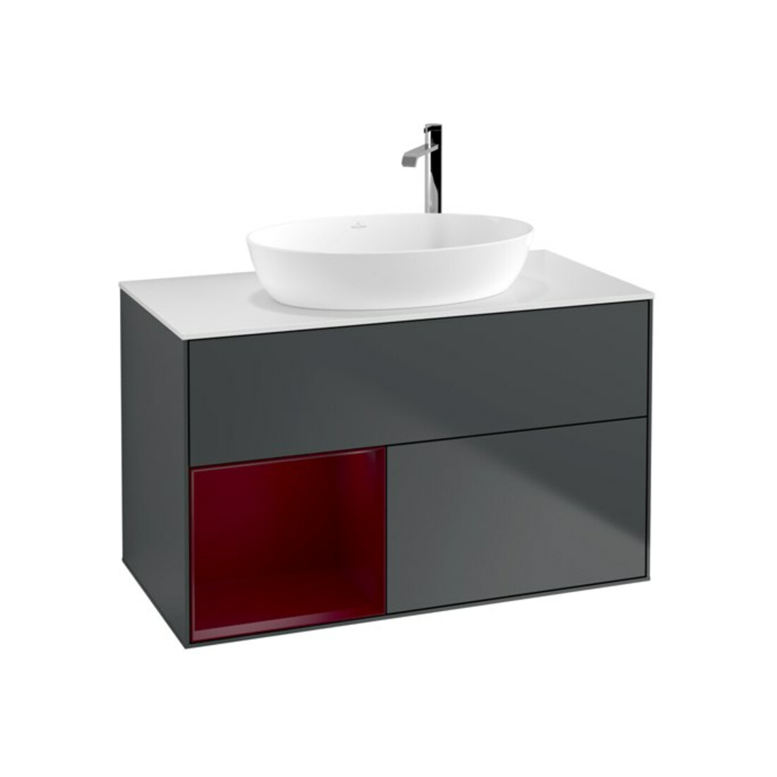 V&B Meuble sous lavabo Finion 100, blanc mat, rangement Peo mat laqué, médium bleu mat laqué