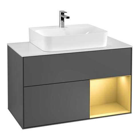 V&B Meuble sous lavabo Finion 100, blanc mat, rangement réglable, anthracite mat