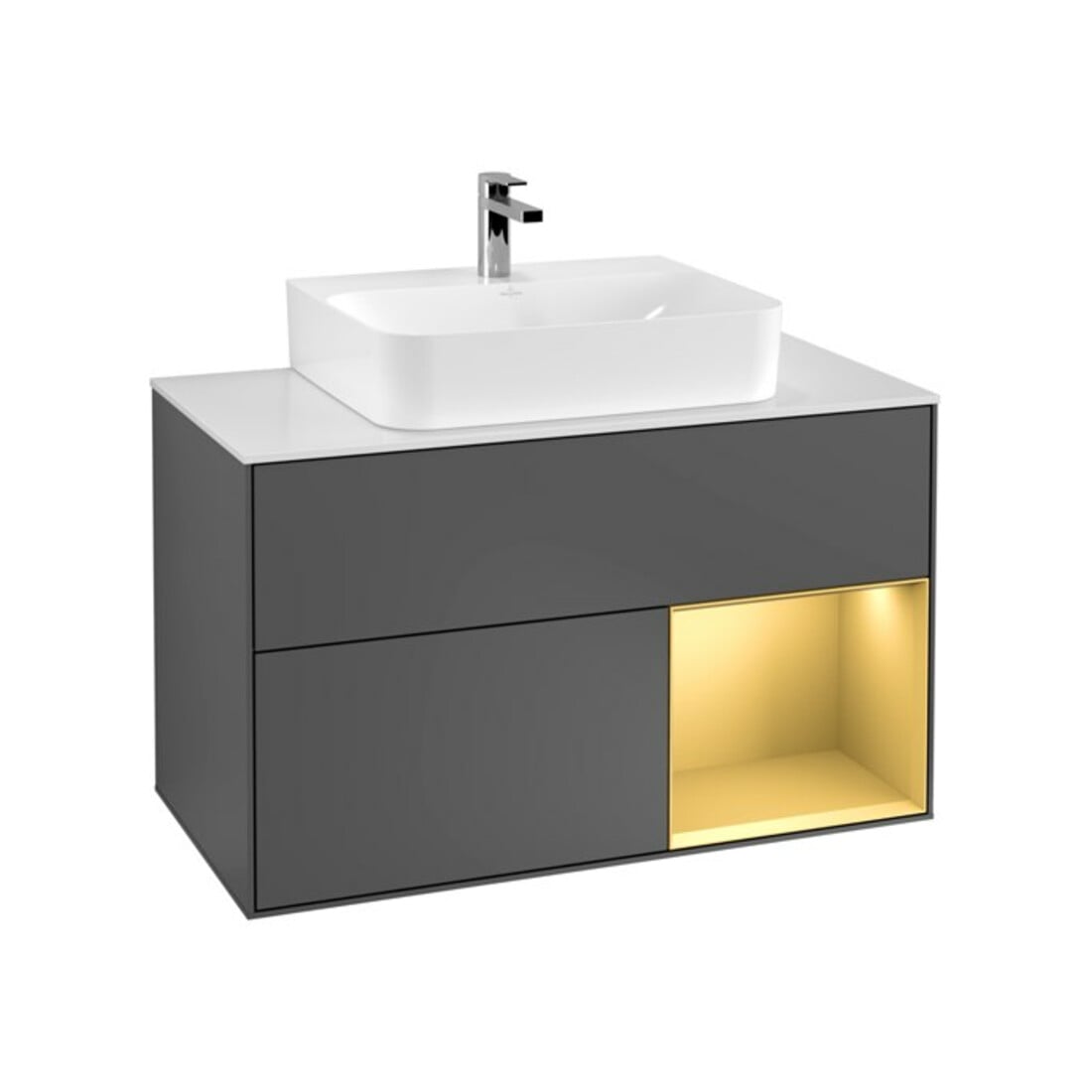 V&B Meuble sous lavabo Finion 100, blanc mat, rangement réglable, anthracite mat