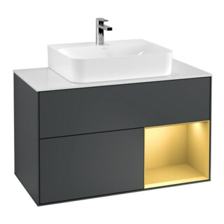 V&B Meuble sous lavabo Finion 100, blanc mat, rangement réglable, miroir avec éclairage mat