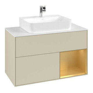 V&B Meuble sous-lavabo Finion 100, blanc mat, rangement réglable, poignée métal laqué