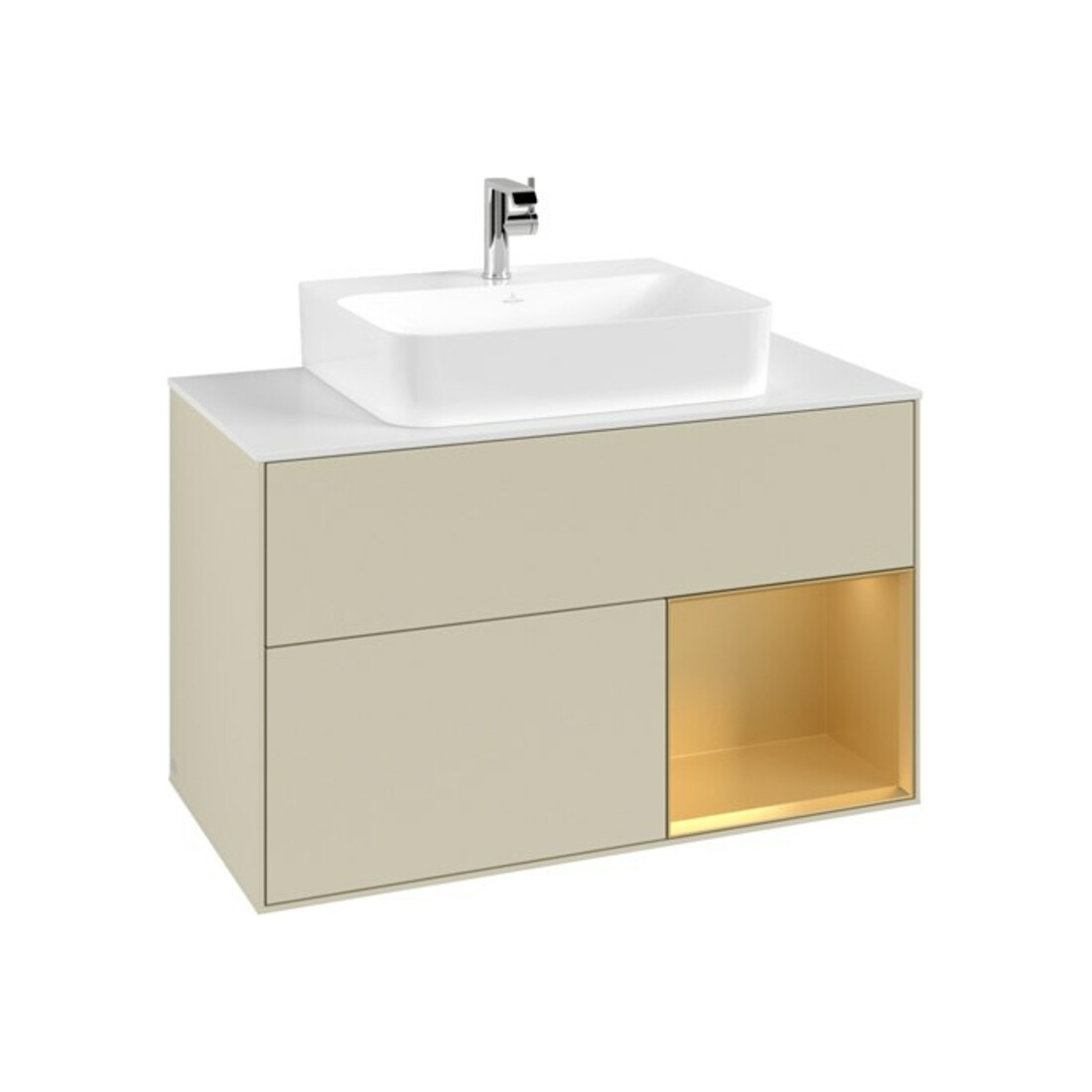V&B Meuble sous-lavabo Finion 100, blanc mat, rangement réglable, poignée métal laqué