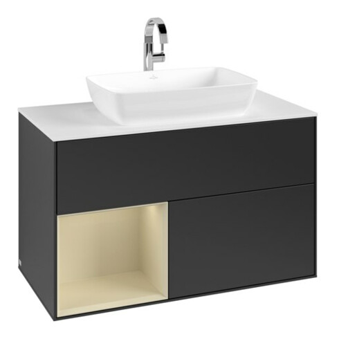 V&B Meuble sous-lavabo Finion 100, blanc mat, rangement simple, gris mat laqué, bleu mat laqué