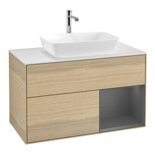 V&B Meuble sous lavabo Finion 100, blanc mat, réglette anthracite avec laque, Oa ven